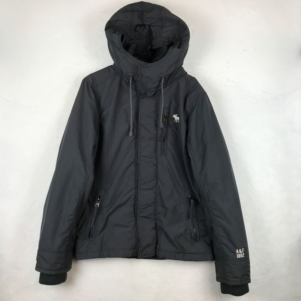 VTG Abercrombie & Fitch Full Zip Jacket Mens Large Gray Hooded Fleece Lined Y2K